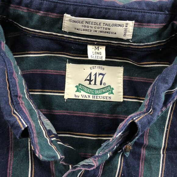 Van Heusen Mens 417 Shirt Medium Long Sleeve Pinstriped Green Button Down Casual - Picture 6 of 9